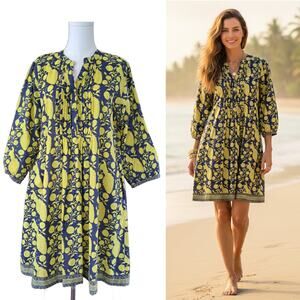LA PLAGE Maye Cotton Dress Medium Blue Yellow Floral Peacock Print Beachy Boho